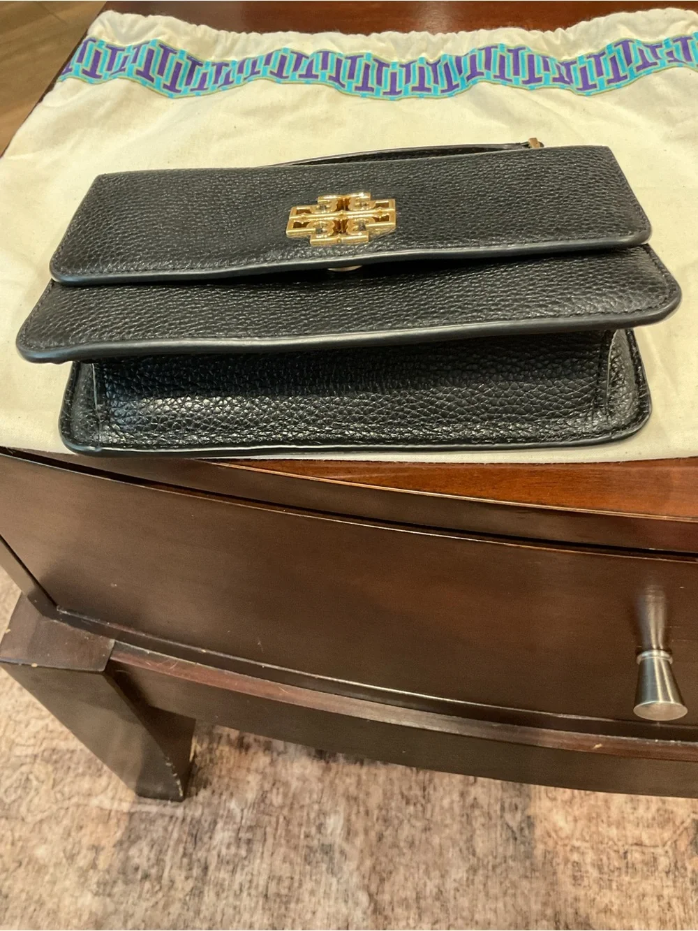 Tory Burch Black Pebbled Leather Top-Handle Shoulder Bag with Gold Logo